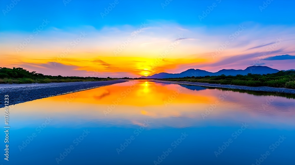 Fototapeta premium A breathtaking sunset reflecting perfectly on the still waters of a river.