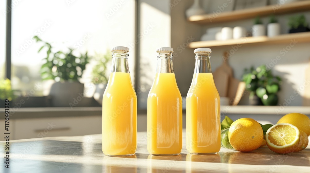 three bottles of orange juice on a counter three bottles of orange juice on a counter