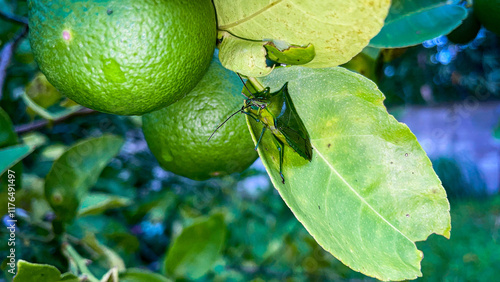 selective focus on Palomena prasina insects in lime trees photo