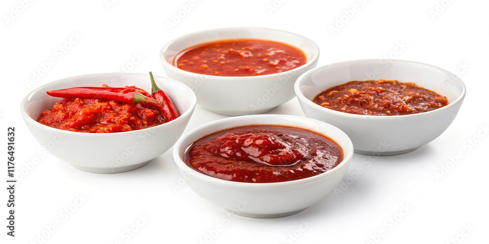 Set of Bowls with Chili Sauce Isolated on White Background for Culinary Use Set of Bowls with Chili Sauce Isolated on White Background for Culinary Use
