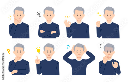 いろいろな表情やポーズをするシニア男性･高齢者のセット【人物ベクターイラスト素材】