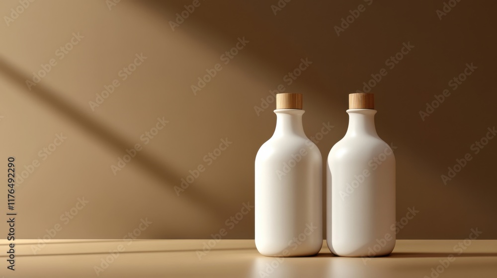 two white bottles sitting on a table with a brown background two white bottles sitting on a table with a brown background