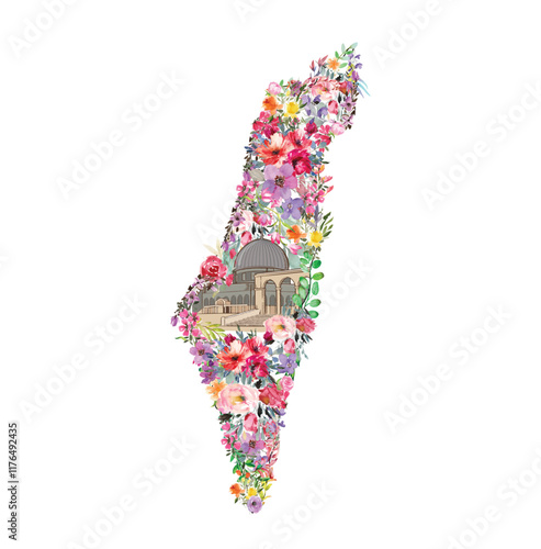 Floral Palestine map with masjid al Aqsa in it vector illustration, multicolor floral Palestine map vector