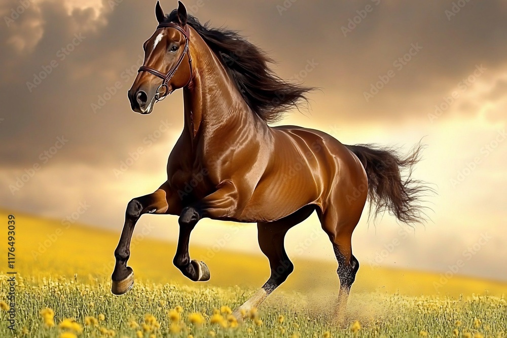 Obraz premium Chestnut horse galloping field sunset