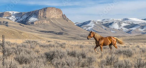 Wallpaper Mural Chestnut horse runs in snowy mountains. Western landscape, winter. Stock photo Torontodigital.ca