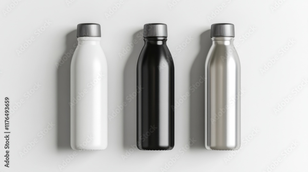 three different colored stainless steel water bottles on a white surface three different colored stainless steel water bottles on a white surface