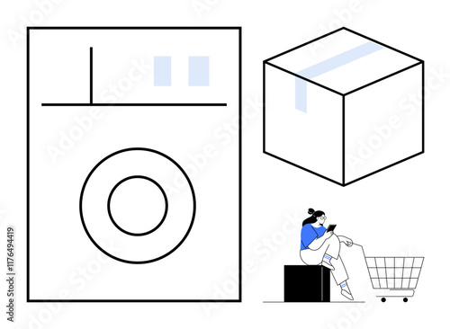 Washing machine, a sealed box representing delivery package, person with shopping cart. Ideal for online shopping, e-commerce, delivery services, consumer behavior, convenience, home appliances