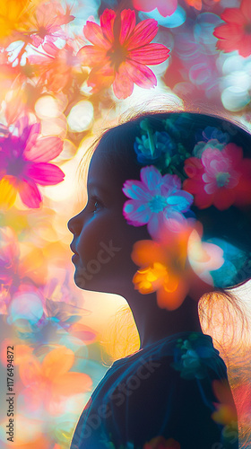 Girl Child Silhouette Flowers Bokeh Dreamy photo