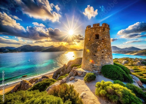 Sardinian Coastal Watchtower: Porto Giunco's Majestic Stone Tower, Villasimius, Italy - Stunning Portrait Photography