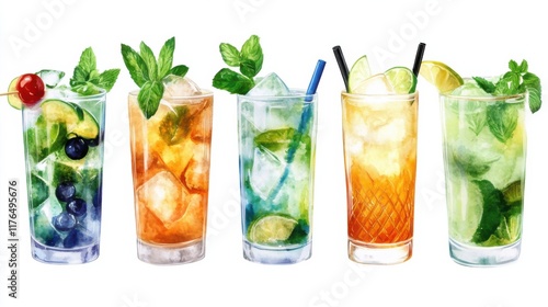 a painting of a row of different colored drinks