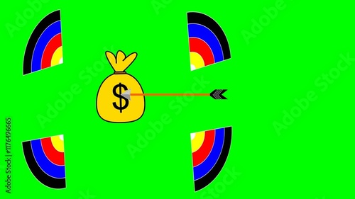 Animation of a dart hitting a target board, destroying it, and revealing a bag of dollar bills. Perfect for business, finance, motivation, success, or focus projects. photo