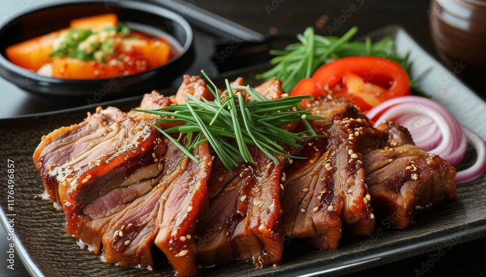 Delicious Grilled Pork Samgyupsal with Fresh Vegetables and Sauces on a Black Plate Delicious Grilled Pork Samgyupsal with Fresh Vegetables and Sauces on a Black Plate