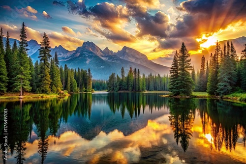 Wallpaper Mural Silhouette Mountain Lake Sunset, Pine Forest, Rugged Peaks, Calm Waters, Fir Trees Reflection, Nature Photography Torontodigital.ca