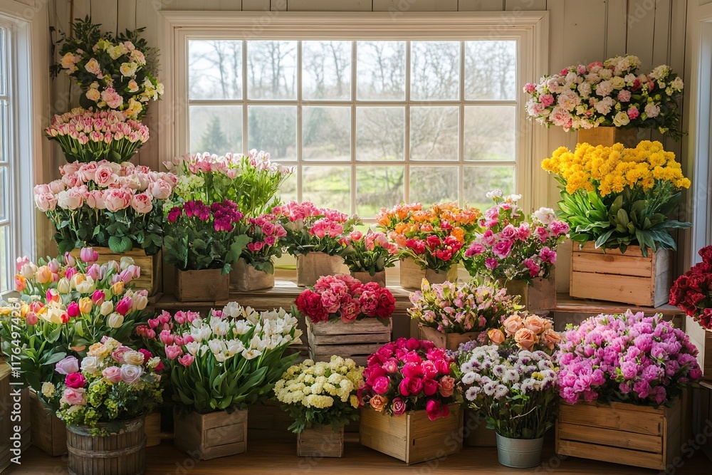 Colorful flowers in wooden crates near window Colorful flowers in wooden crates near window