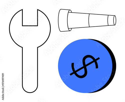 Wrench, telescope, and dollar sign these elements convey themes of financial management, vision, and tools. Ideal for business strategy, investment, economic tools, maintenance foresight fixes