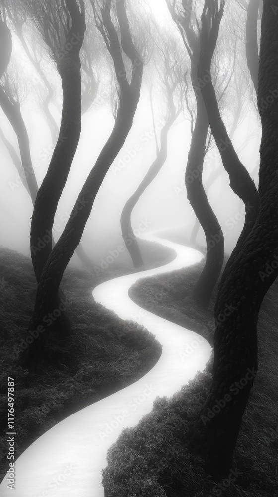Naklejka premium Winding Path Through Dense Fog in Ancient Forest with Twisted Trees Surrounded by Mystery and Intrigue
