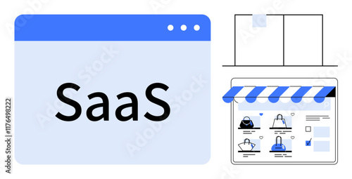 Large SaaS text in a web browser window, digital storefront beneath blue awning, various shopping icons. Ideal for ecommerce, business solutions, cloud services, digital marketing, web development