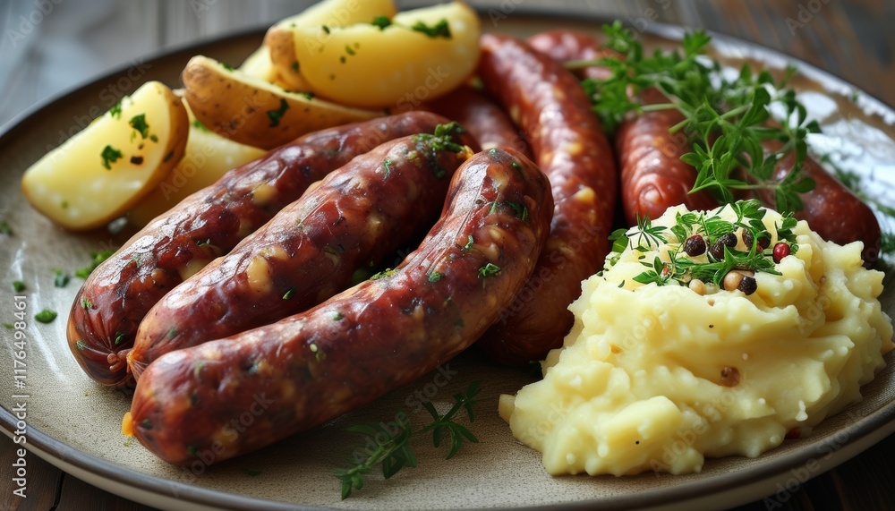 Delicious Sausages with Creamy Mashed Potatoes and Fresh Herbs on Plate Delicious Sausages with Creamy Mashed Potatoes and Fresh Herbs on Plate
