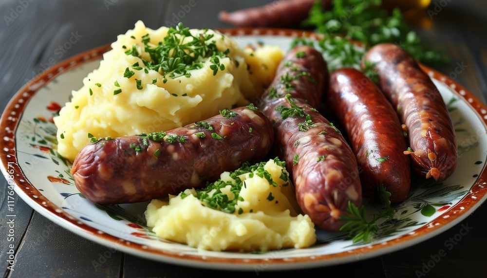Savory Sausages with Creamy Mashed Potatoes and Fresh Herbs on Ornate Plate Savory Sausages with Creamy Mashed Potatoes and Fresh Herbs on Ornate Plate