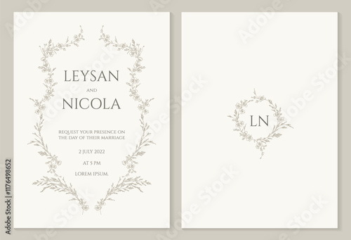 Wedding invitation. Frame of flowering grass and meadow flowers.  Hand-drawn monogram wreath.