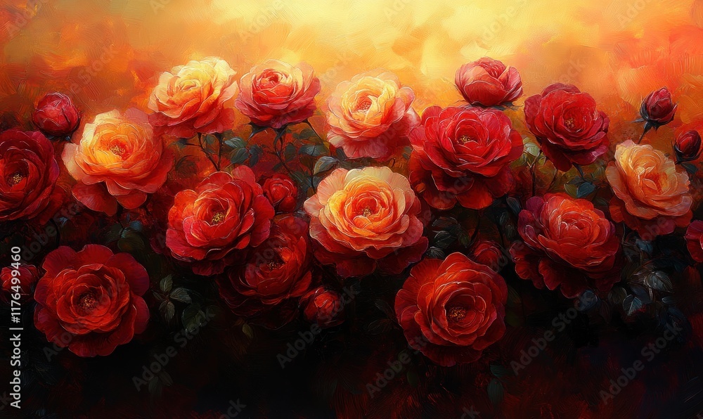 Fototapeta premium Oil painting, many red and orange roses.