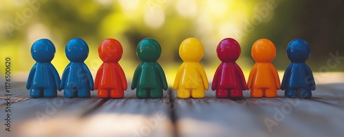 Perfectly arranged colorful toy figures representing diversity and unity, with bright, bold colors symbolizing teamwork and the beauty of creativity photo