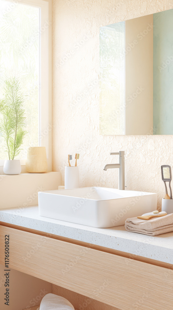 Modern bathroom design with minimalist features and natural elements in a serene setting Modern bathroom design with minimalist features and natural elements in a serene setting