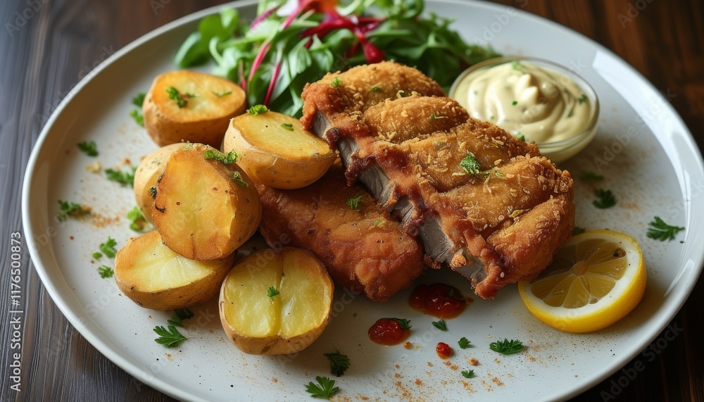 Crispy Pork Schnitzel Platter with Roasted Potatoes and Fresh Salad Garnish Crispy Pork Schnitzel Platter with Roasted Potatoes and Fresh Salad Garnish