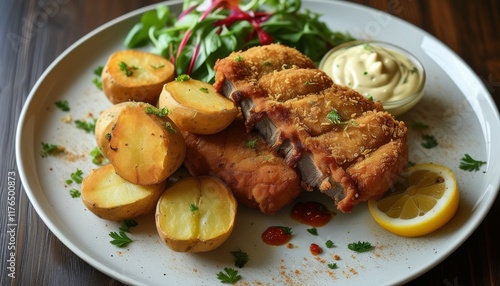 Crispy Pork Schnitzel Platter with Roasted Potatoes and Fresh Salad Garnish