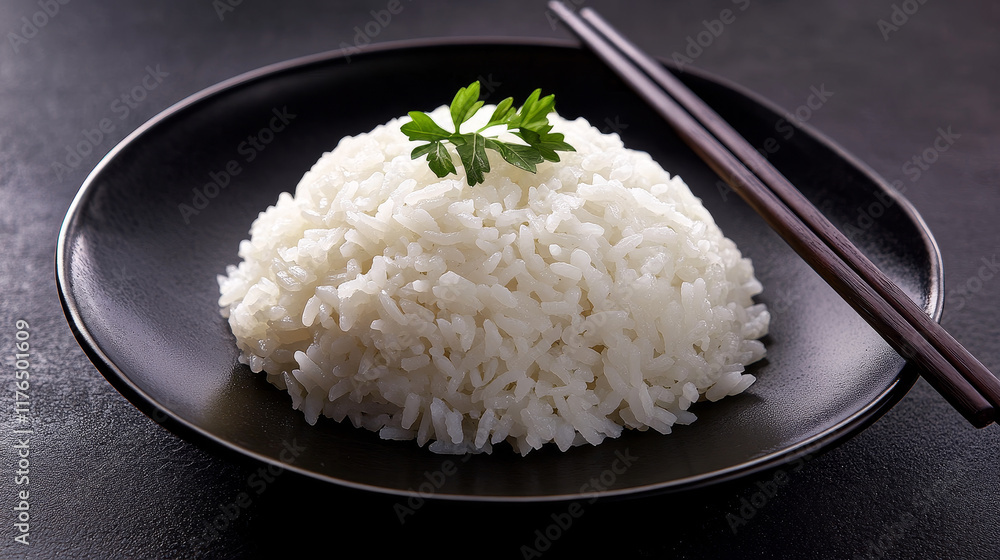 China traditional cuisine flat icon with rice served on black plate and chopsticks China traditional cuisine flat icon with rice served on black plate and chopsticks