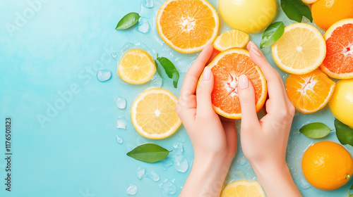 Minimalist Background Featuring Hands and Vitamin C Fruits with Copy Space photo