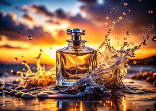 Stunning Glass Perfume Bottle Water Splash Photography, High Resolution Image, Depth of Field, Luxury Fragrance,  Water Droplets,  Splashing Liquid,  Perfume Bottle Photo photo