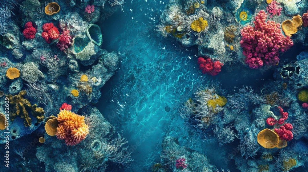 Obraz premium Tropical Lagoon Overlook, breathtaking aerial perspective revealing vibrant coral reefs and crystal-clear waters, a paradise of nature's beauty