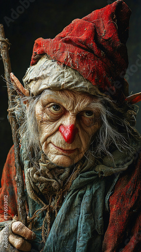 Weathered Elf Portrait  Fantasy Character  Red Hat  Staff