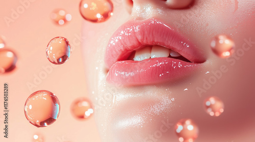 Moisturized and Smooth Lips with Floating Vitamin E on a Soft Background photo