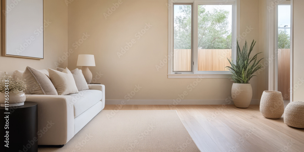 Fototapeta premium Bright and minimalist living room design with natural light and greenery