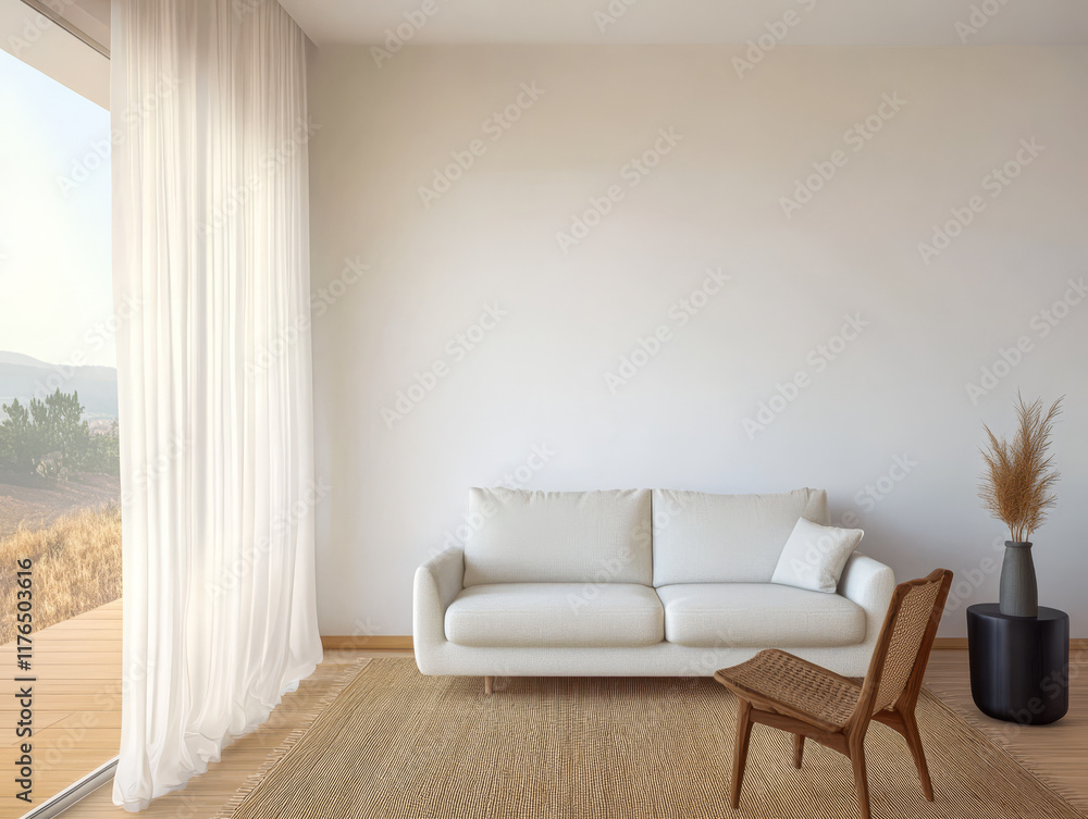 Obraz premium Modern living room interior with natural light and minimalist design in a tranquil setting