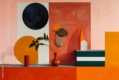 A modern abstract still life painting features a terracotta vase, green leaves, and geometric shapes in bold orange, black, and white against a peach background. Simple forms create a visually strikin photo