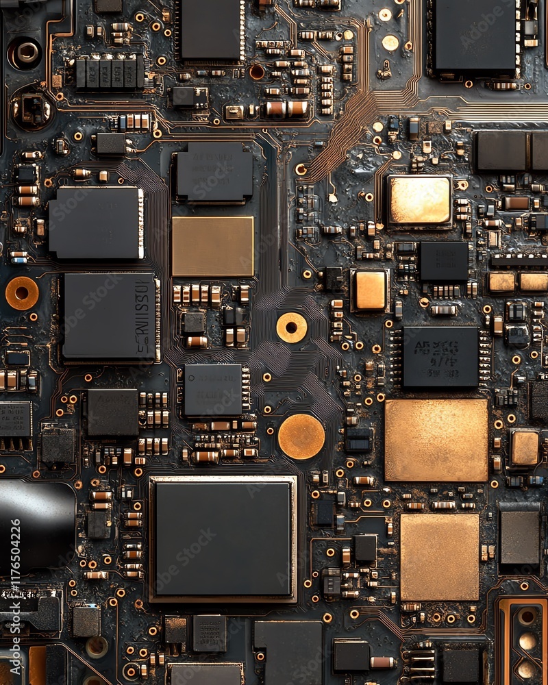 Fototapeta premium Macro view of a mobile phone s CPU and electronic chip, showing intricate details from a disassembled phone, perfect for tech maintenance and repair banners