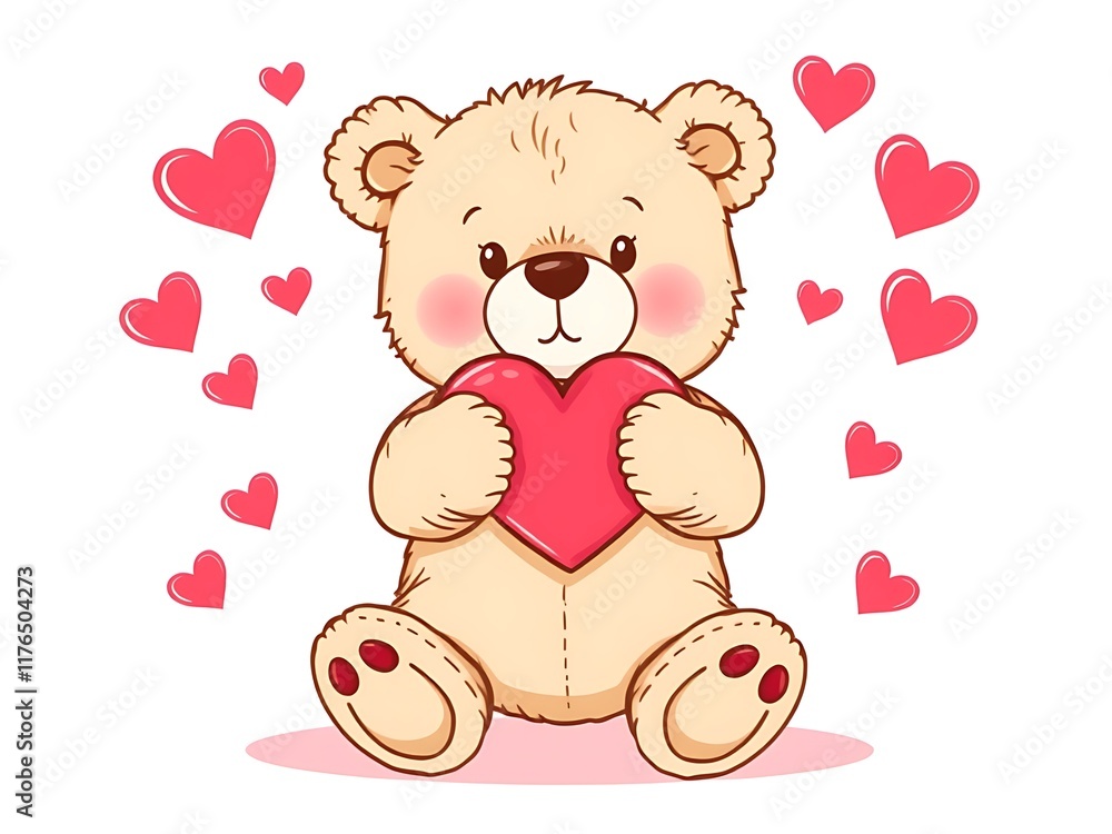 Obraz premium Cute Teddy Bear Holding a Heart, Valentine's Day Illustration. AI Generated