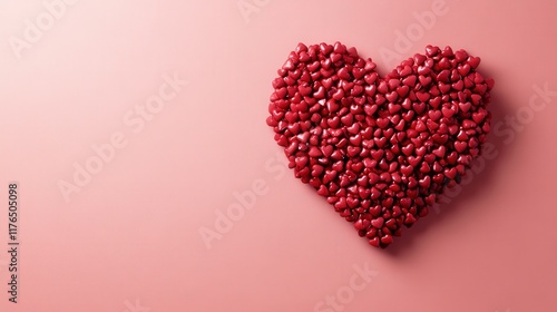 Heart Shape Created with Small Red Hearts on Soft Pink Background for Valentine's Day Celebrations and Romantic Decorations