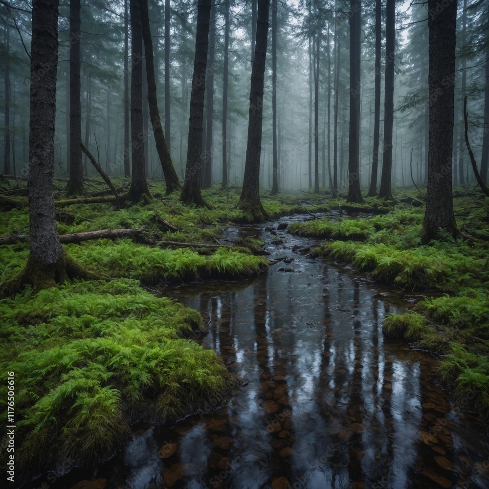 A foggy forest morning with small streams forming patterns through the forest floor. A foggy forest morning with small streams forming patterns through the forest floor.