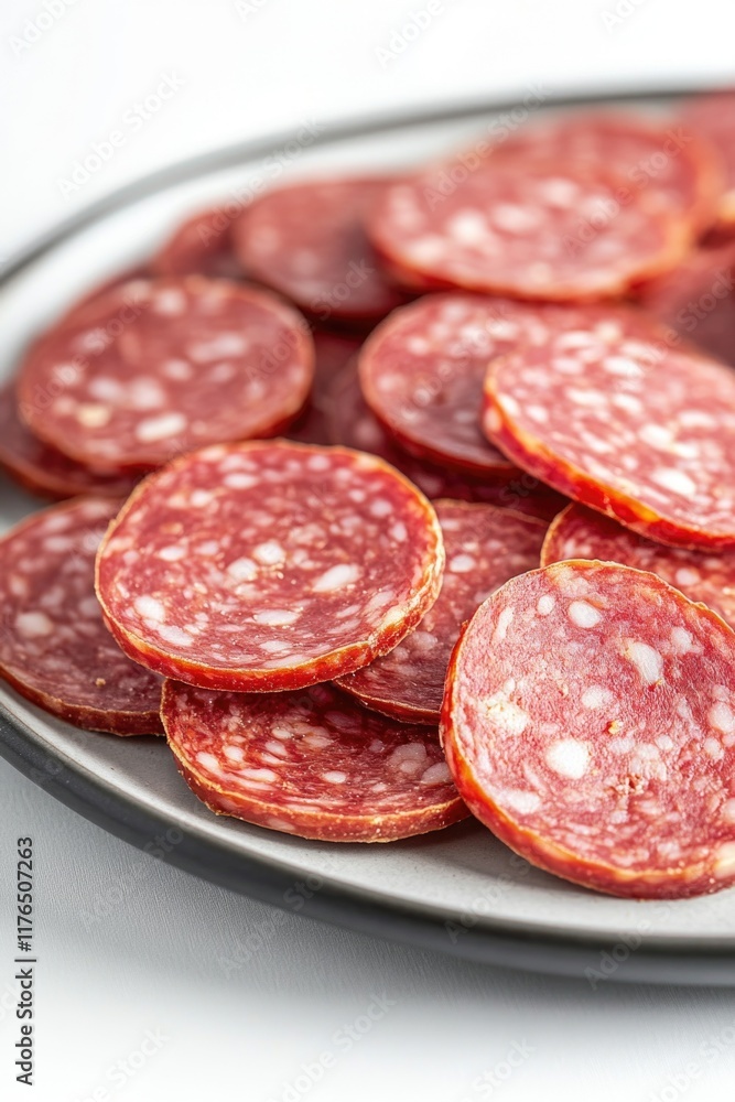 Sliced salami on white table Sliced salami on white table