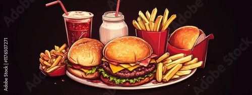 Wallpaper Mural Indulgent Fast Food Feast, a heaping plate filled with greasy burgers, crispy fries, and a fizzy soda, beckoning for a guilty pleasure. Torontodigital.ca