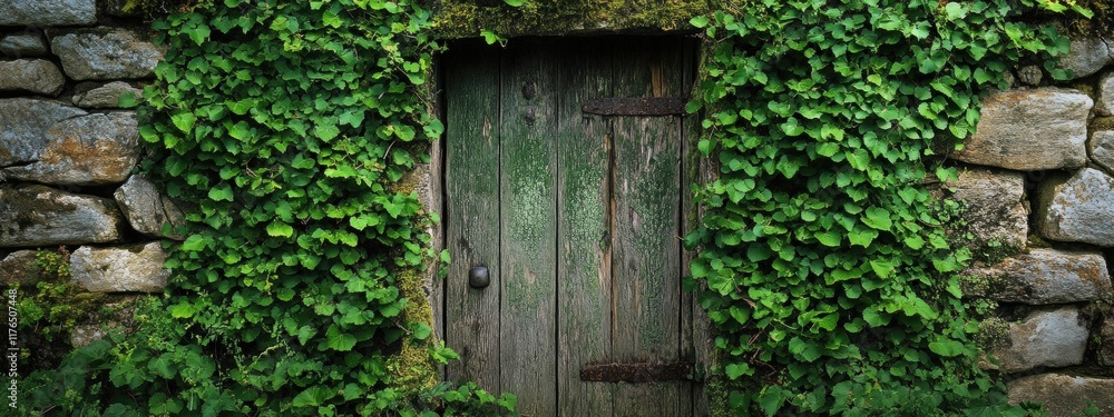 Mossy Ivy-Covered Stone Wall with Rustic Wooden Door, showcasing the beauty of nature reclaiming historical architecture Mossy Ivy-Covered Stone Wall with Rustic Wooden Door, showcasing the beauty of nature reclaiming historical architecture
