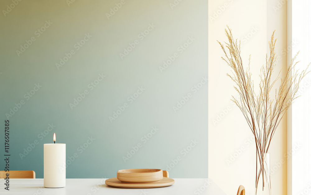 Modern dining setup with candle and decorative plant in minimalistic interior design Modern dining setup with candle and decorative plant in minimalistic interior design