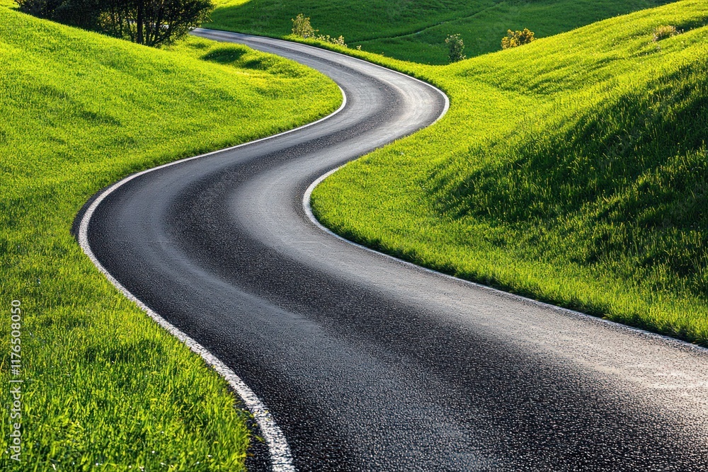 A winding asphalt road, like a ribbon, cuts through a dense green meadow. to the green oasis. A winding asphalt road, like a ribbon, cuts through a dense green meadow. to the green oasis.