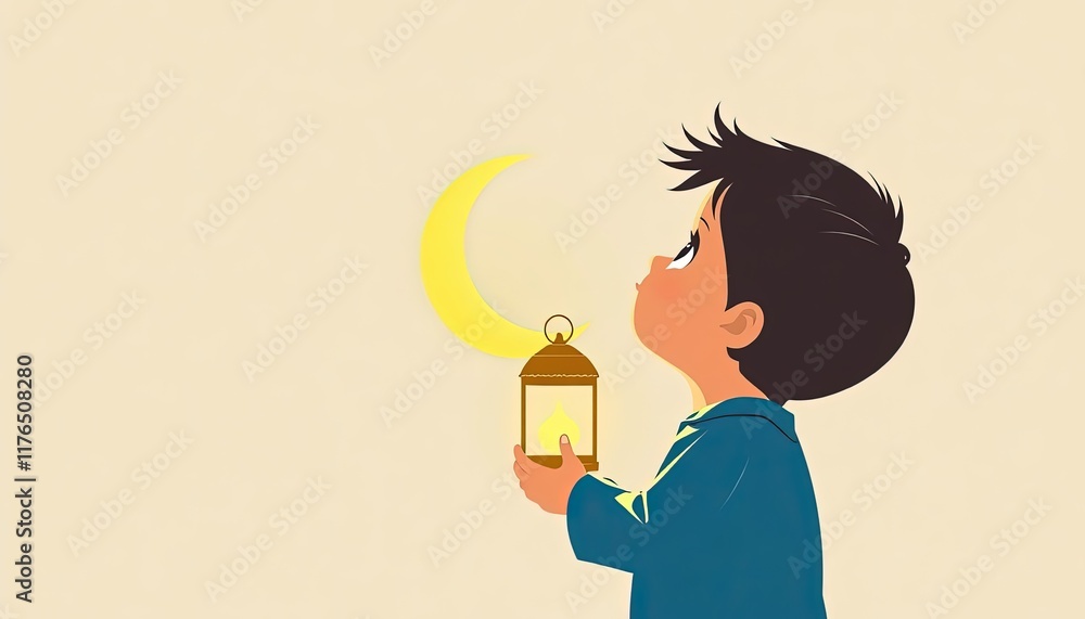 Boy held a lantern and looked up at the sky where there was a beautiful crescent moon Boy held a lantern and looked up at the sky where there was a beautiful crescent moon