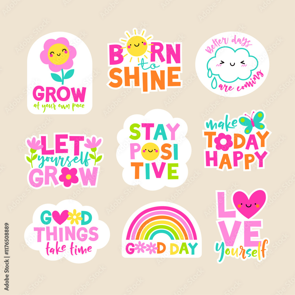 Fototapeta premium Set of positive thinking concept stickers design. Encourage quotes lettering with cute elements.