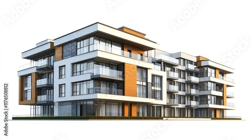 Modern apartment building architectural rendering, showcasing contemporary design, multiple floors, balconies, and large windows against a white background.